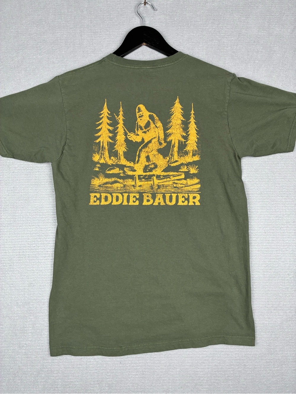 Eddie Bauer Olive Green Short-Sleeve Tee with Yellow Bigfoot Graphic